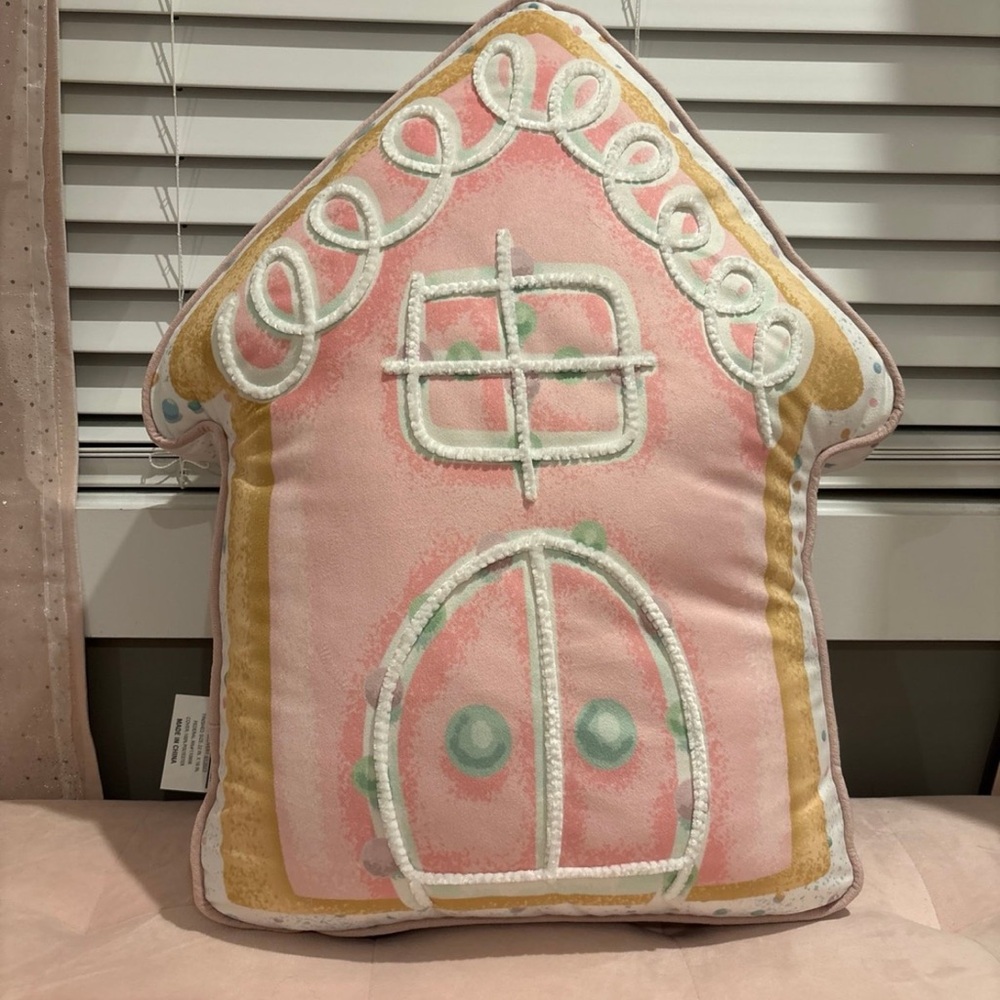 Pink Gingerbread House Holiday Pillow